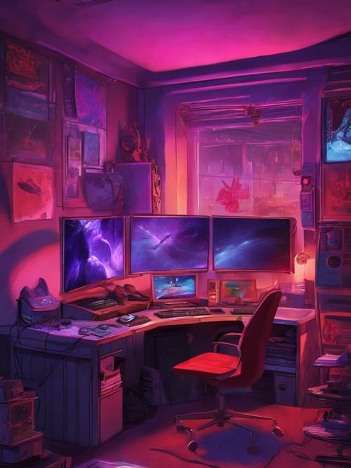 A late-night gaming setup featuring a single monitor computer setup, with walls decorated with posters emitting a mix of red and purple lights.