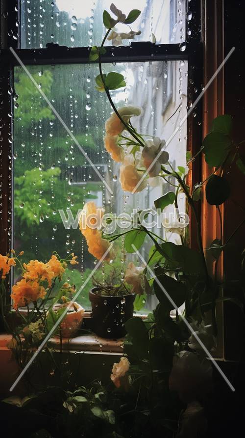 Дождливое окно с цветущими цветами