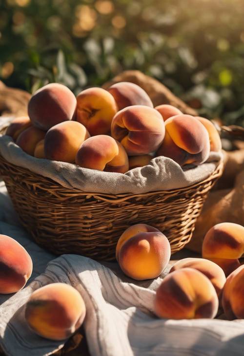 Sekeranjang buah persik yang baru dipanen di bawah sinar matahari sore yang keemasan.