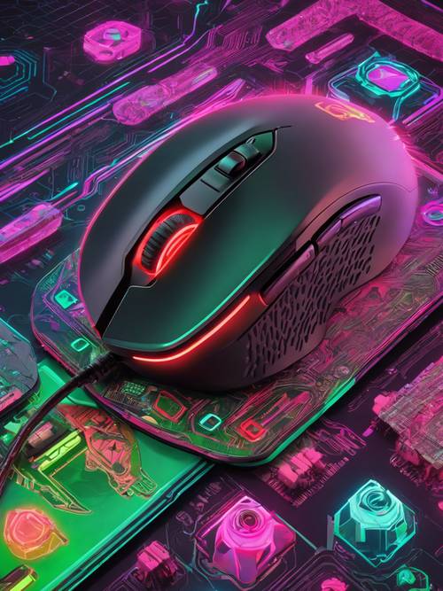 A gaming mouse lit up in red and green colors, lying on a colorful mouse pad with game-themed graphics.