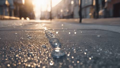 Una escena callejera al amanecer, con un pavimento gris claro repleto de rocío.