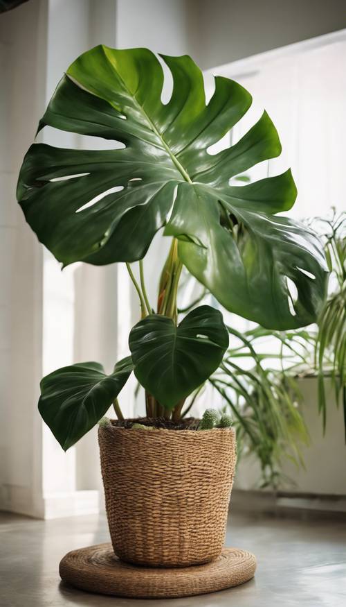 A mature monstera plant with large glossy leaves in a wicker pot, standing in a well-lit room. Tapeta [fbfd0db6a1db4643a666]