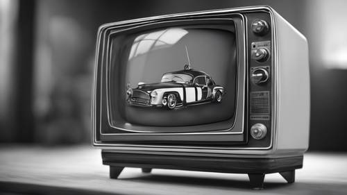 جهاز تلفزيون قديم يعرض رسومًا كرتونية كلاسيكية لطيفة بالأبيض والأسود.