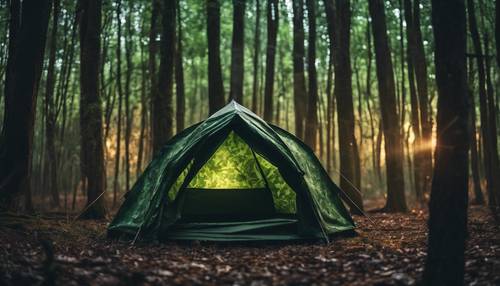 夜晚，茂密的森林中，有绿色迷彩图案的帐篷。