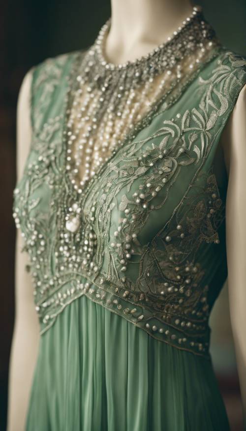 A vintage green dress inspired by the 1920s fashion trends, detailed with lace and beads, displayed on a mannequin.