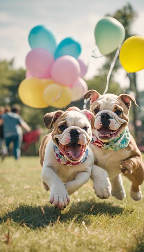 A group of excited bulldog puppies wearing pastel colored bandanas, running in a grassy park with picnic tables and colorful balloons around.