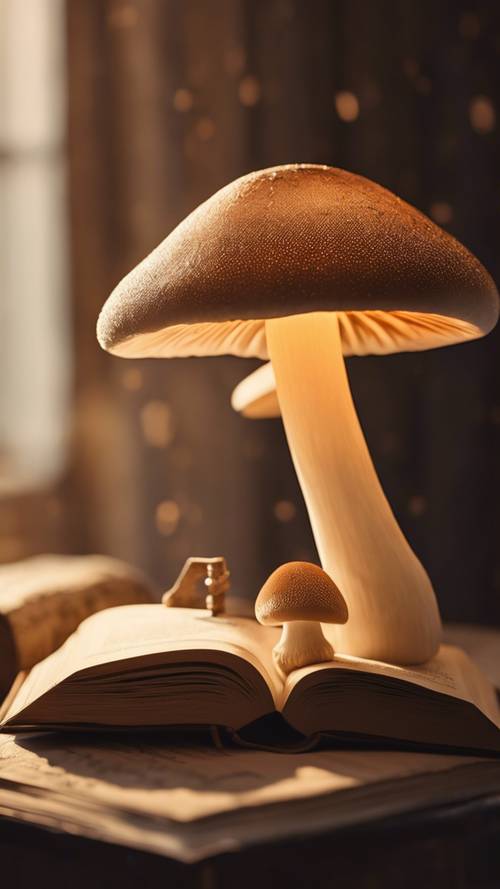 מנורה זוהרת בצורת פטרייה השופכת אור חם ורך, מטילה צללים מהפנטים על חדר נעים מלא בספרים.