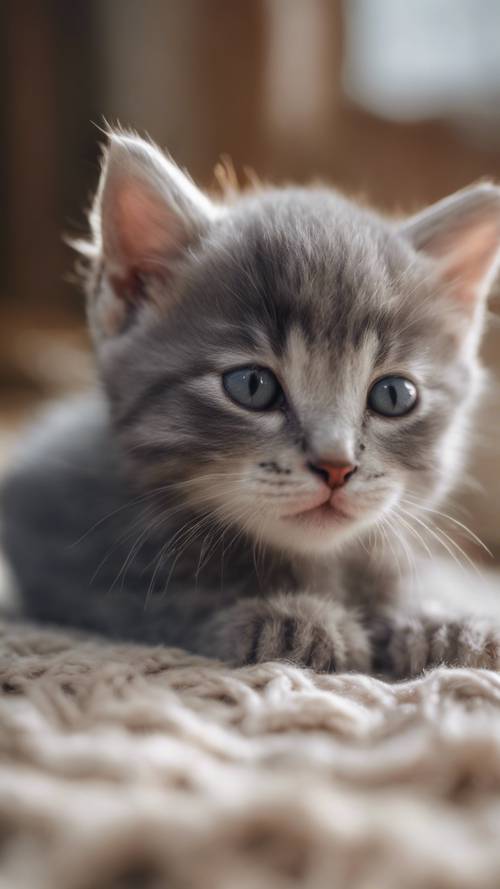 一隻灰色的小貓在溫暖舒適的地毯上安靜地打盹，附近有一個毛線球。