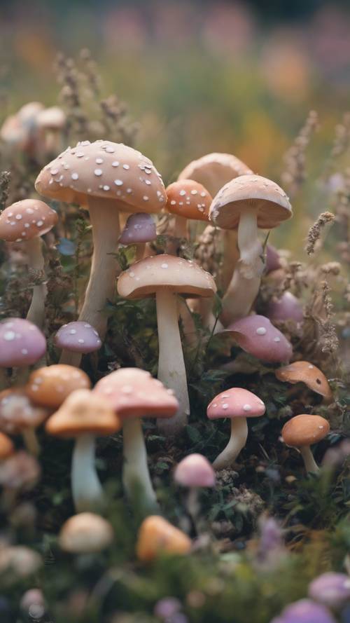 Łąka pełna uroczych grzybów w różnych pastelowych kolorach, przypominająca fantastyczny krajobraz ze snu.