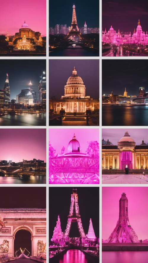 Kolase berbagai landmark terkenal menyala dalam warna pink di malam hari.