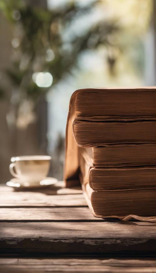 Un grand livre relié en cuir marron clair ouvert sur une table en bois.