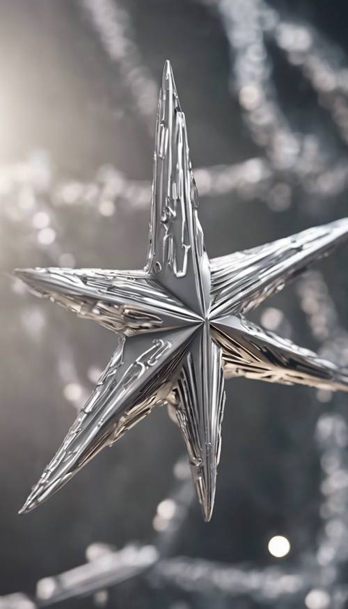 A detailed close-up of the surface of a grey metal star.