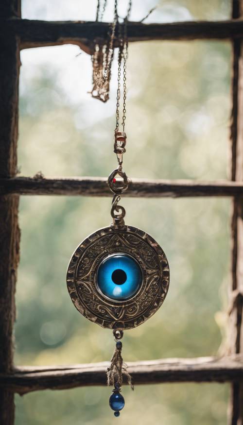 A jeweled blue evil eye talisman hanging from an old, rustic window.