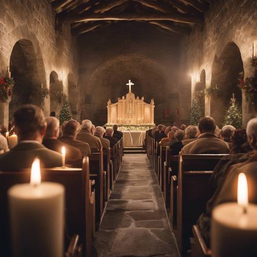 Ein Heiligabend-Gottesdienst in den 1940er-Jahren in einer alten Steinkirche, erleuchtet mit Kerzen und erfüllt von Gesang.