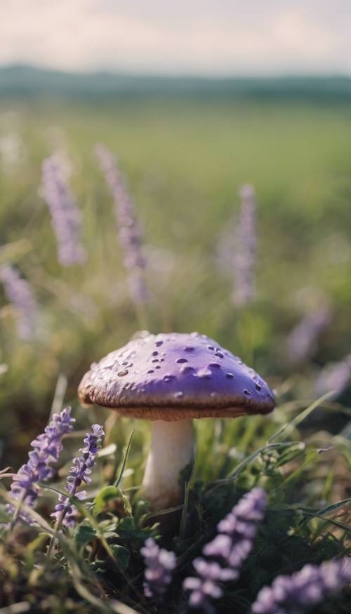 Um cogumelo com tampa de lavanda e caule de hortelã sentado sozinho em um campo gramado.