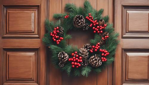 特写：一个优雅的圣诞花环，上面挂着松果和红色冬青果，挂在木门上。