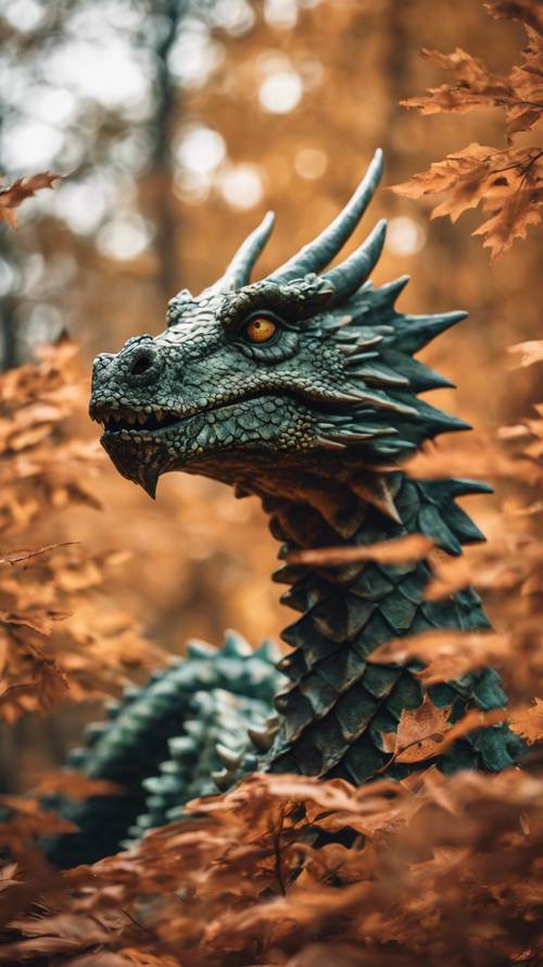 Um dragão camuflado que combina perfeitamente com a cor outonal de uma floresta.