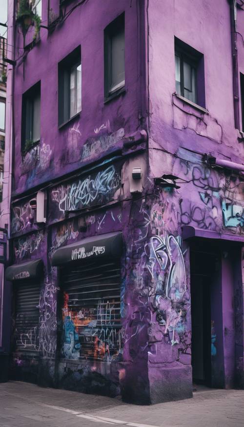 Sudut jalan dengan grafiti perkotaan bernuansa ungu dan hitam.
