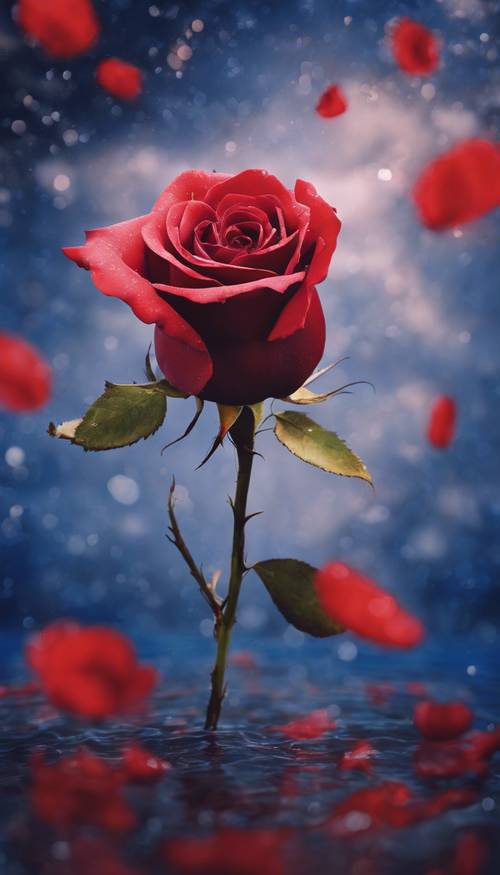 這是一幅超現實主義畫作，畫中一朵鮮豔的猩紅色玫瑰漂浮在靛藍色的天空中。