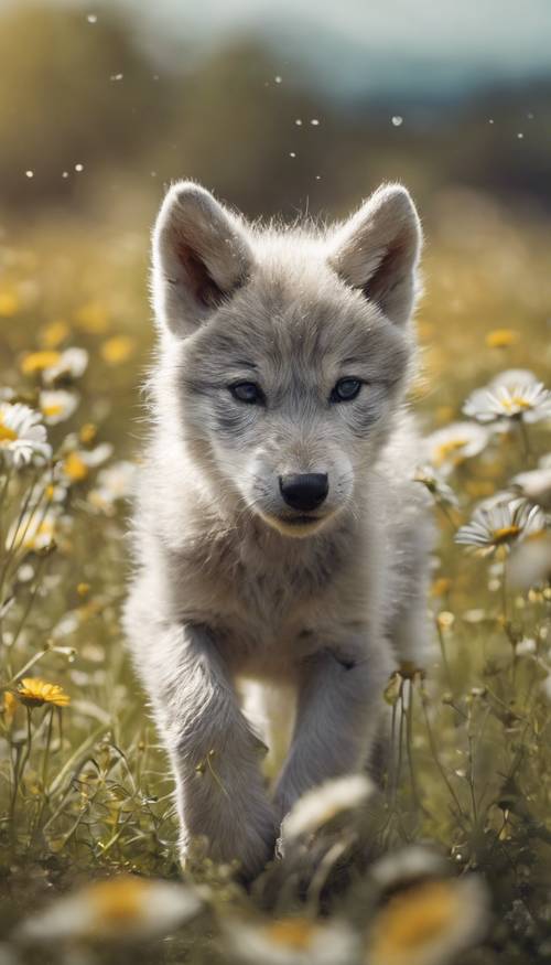 데이지가 흩어져 있는 초원에서 어린 은빛 늑대가 장난스럽게 자신의 꼬리를 쫓고 있습니다.