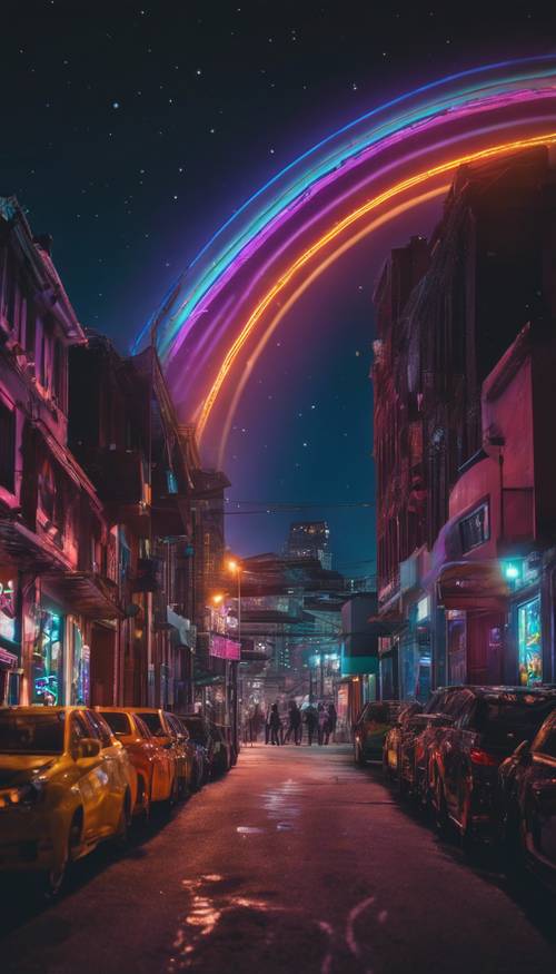Um arco-íris de néon brilhando intensamente em um céu noturno sem estrelas.