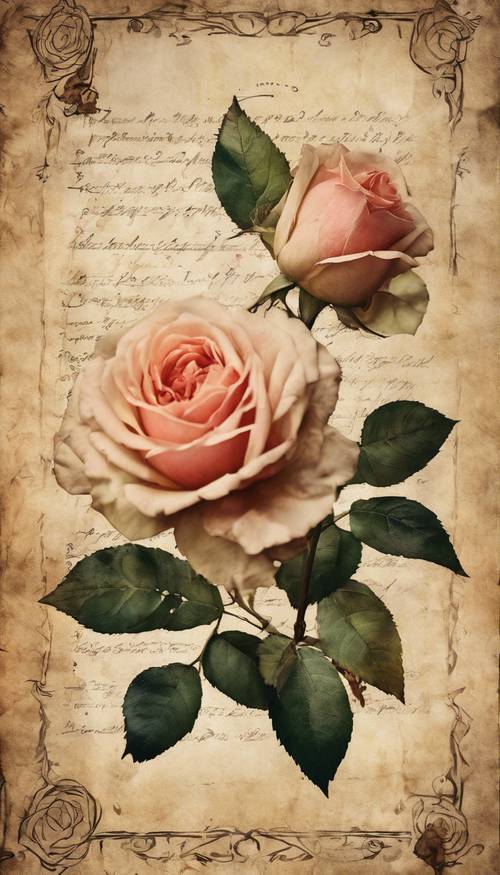 Zabytkowy zwój pergaminowy ozdobiony ręcznie malowanymi różami w stylu vintage.