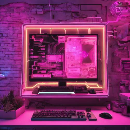 Una PC para juegos montada en la pared con elementos de color rosa pastel resaltados en la oscuridad.