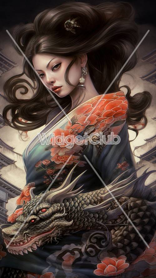 Art asiatique élégant mettant en vedette une femme et un dragon