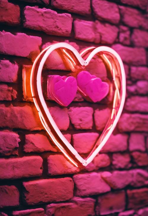 Un cartello a forma di cuore rosa al neon che illumina un muro di mattoni arancioni.