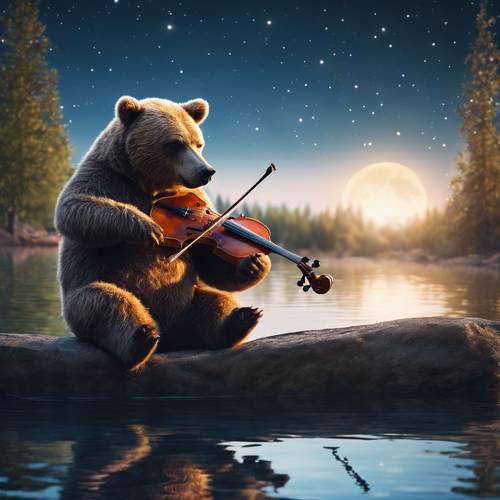 Gambaran aneh seekor beruang sedang bermain biola di bawah sinar bulan di tepi danau yang damai.