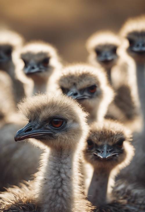 An adorable group of fluffy ostrich chicks cuddled together for warmth.