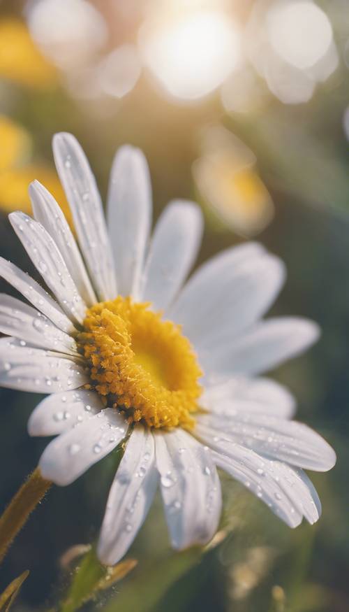 A single daisy, its petals brushing against a brightly colored boho headscarf.