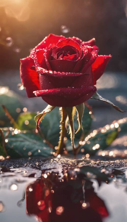 一朵甜美的紅玫瑰沐浴在早晨的陽光下，露珠在其表面閃閃發光。