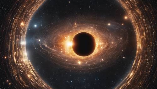 Um horizonte de eventos de um buraco negro, ilustrando o efeito de lente gravitacional.