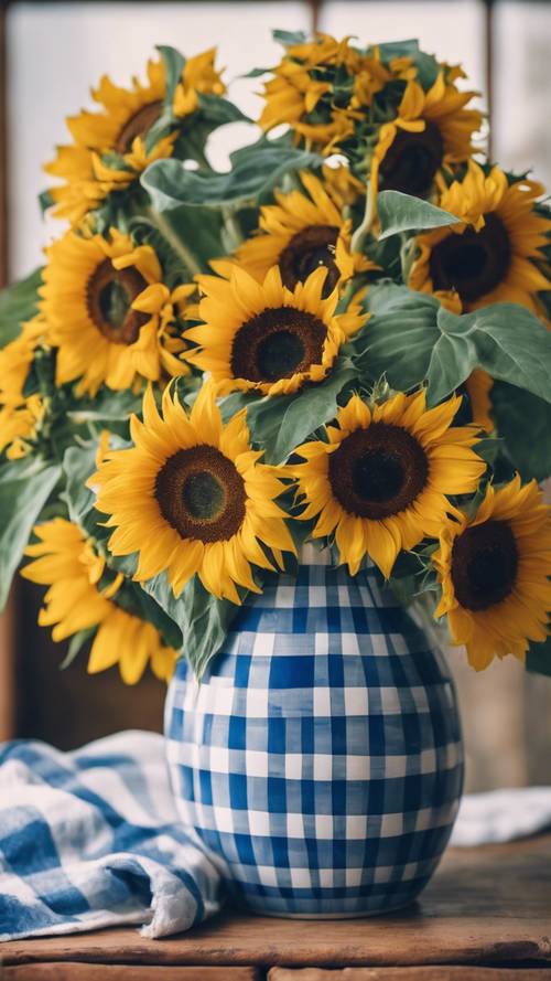 Freshly picked sunflowers in a blue plaid vase.