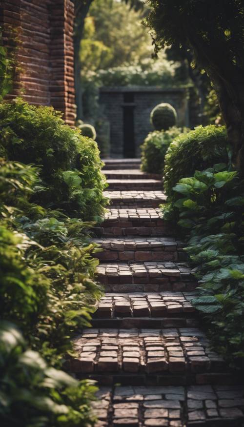Ladrillos oscuros que forman un camino panorámico en un exuberante jardín.