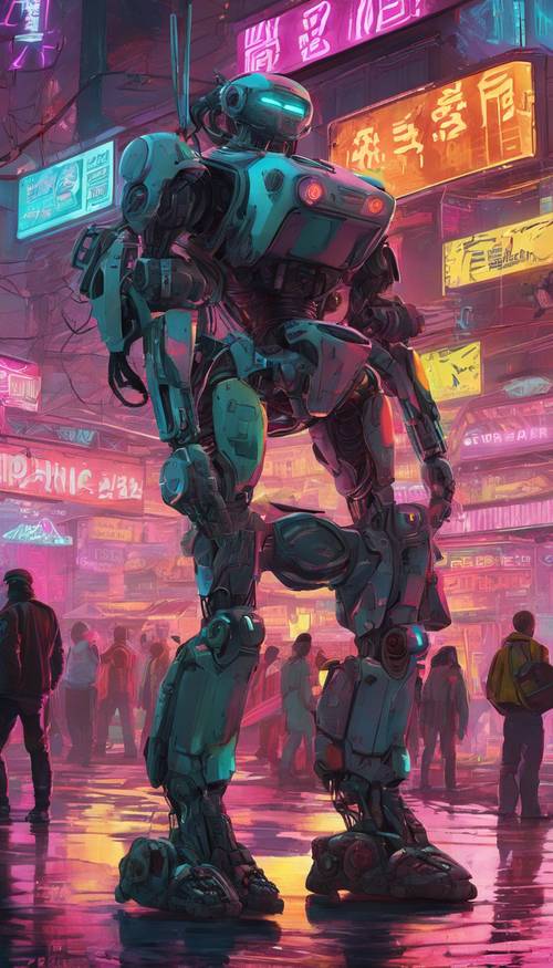 A cyberpunk scene of a bustling market, including robots and humans.