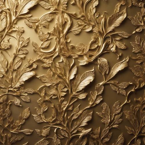 A textured gold wallpaper with intricate vines and leaves pattern in a richly decorated room. Divar kağızı [efc67e0d58c3480c8a81]