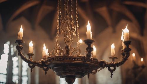 Ein antiker Kronleuchter mit Kerzenlicht, der von der Decke einer mittelalterlichen Burg hängt. Hintergrund [324061651cd24579a263]