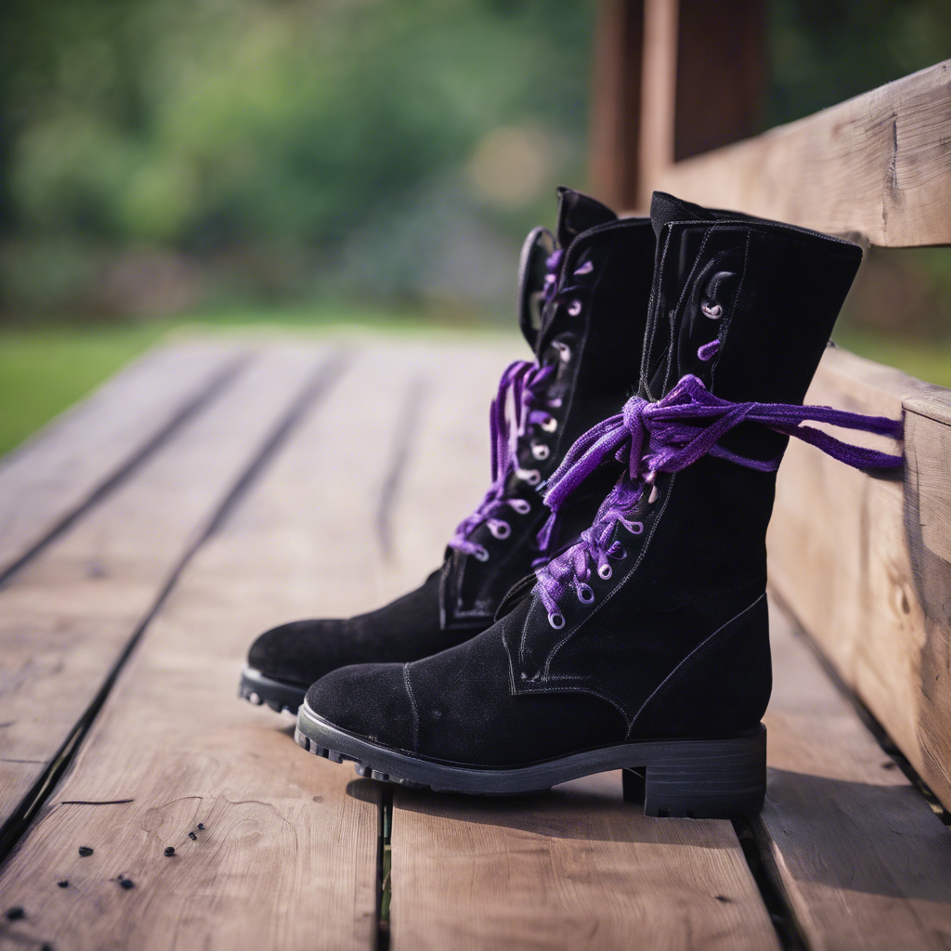 A pair of black suede boots with purple laces left casually on a wooden porch. Tapeet[fedd81ee4b6b40088ba0]