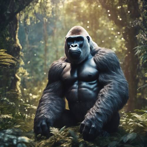 Um gorila mítico, irradiando energia celestial, montando guarda em uma floresta encantada.