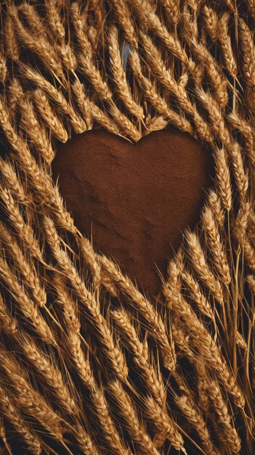 Una macchia marrone scuro a forma di cuore in un campo di grano dorato vista dall&#39;alto.