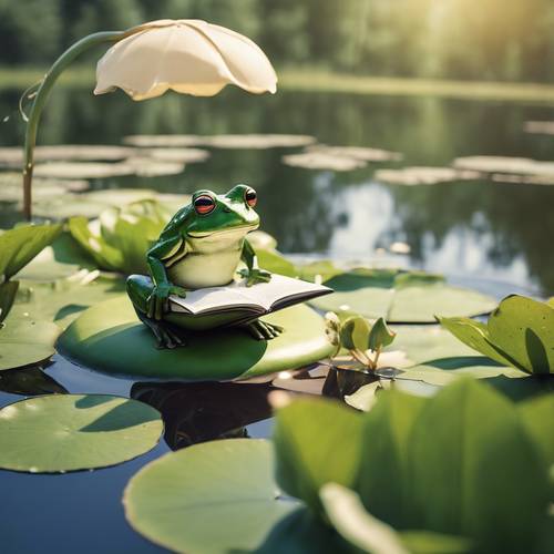 A beautifully illustrated frog in a sunhat, leisurely reading a book on a lily pad, over a serene pond in a quiet meadow.