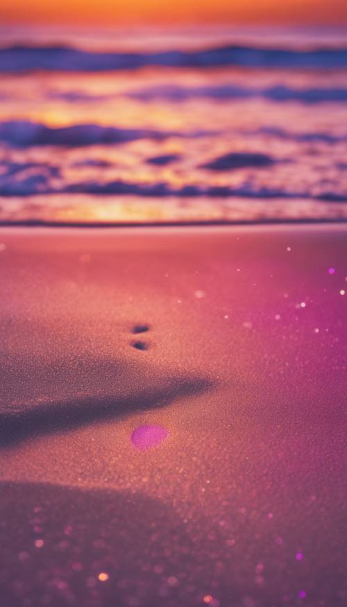 주황색, 분홍색, 보라색의 선명한 색상을 반사하는 잔잔한 바다와 행복한 일몰 아래 아름다운 모래사장입니다.