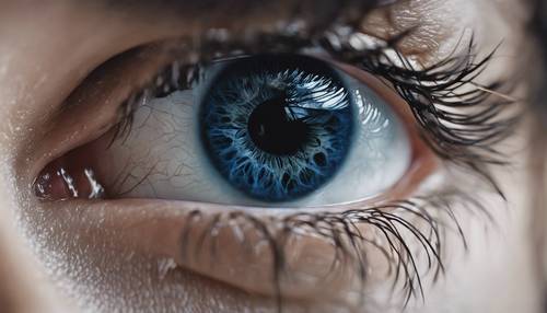 Um close de um olho azul escuro com detalhes intrincados.