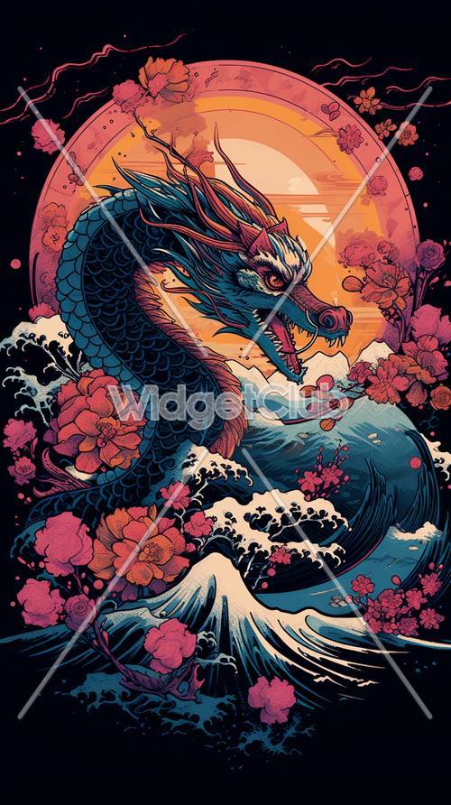 Art coloré du dragon et des vagues