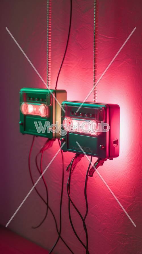 Farbenfrohe Retro-Kassettenspieler mit Neonlichtern
