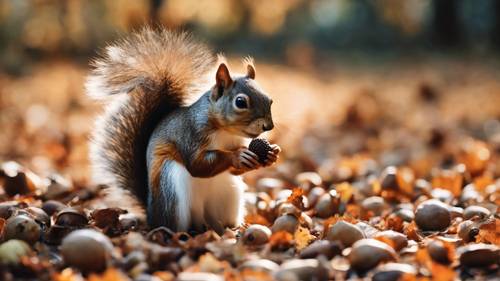 A squirrel preparing for winter with acorns in early September