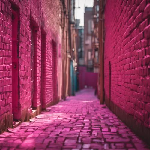 An alleyway in an urban area, lined with hot pink bricks.