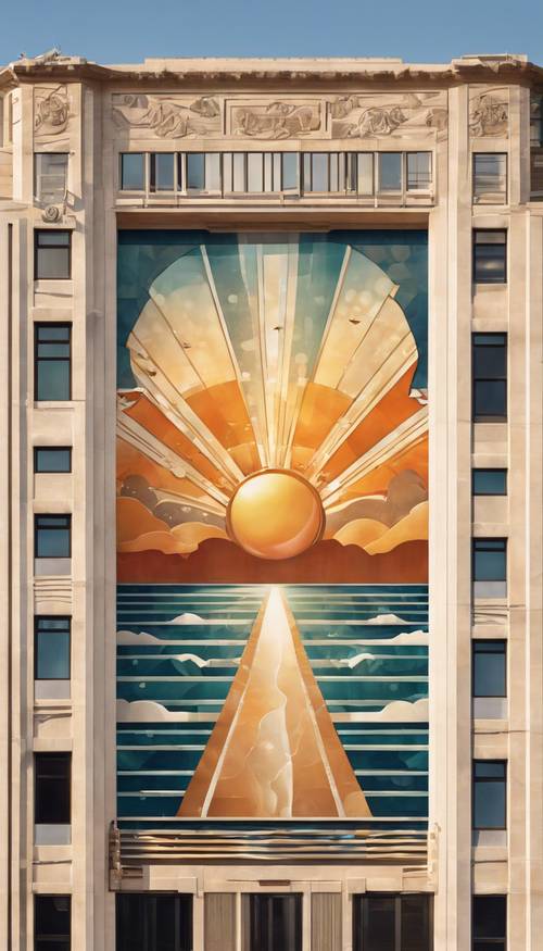 Mural Art Déco em um edifício alto, retratando um nascer do sol estilizado sobre o oceano.